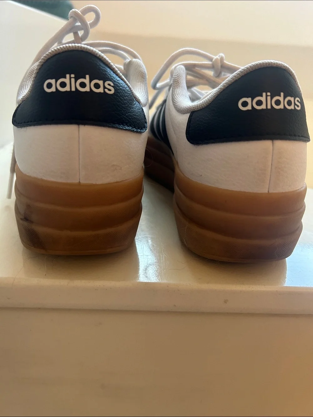 adidas White Sneakers with Black Stripes and Gum Platform Sole
